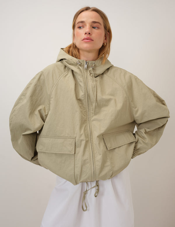 Green Hooded Funnel Neck Windbreaker Jacket