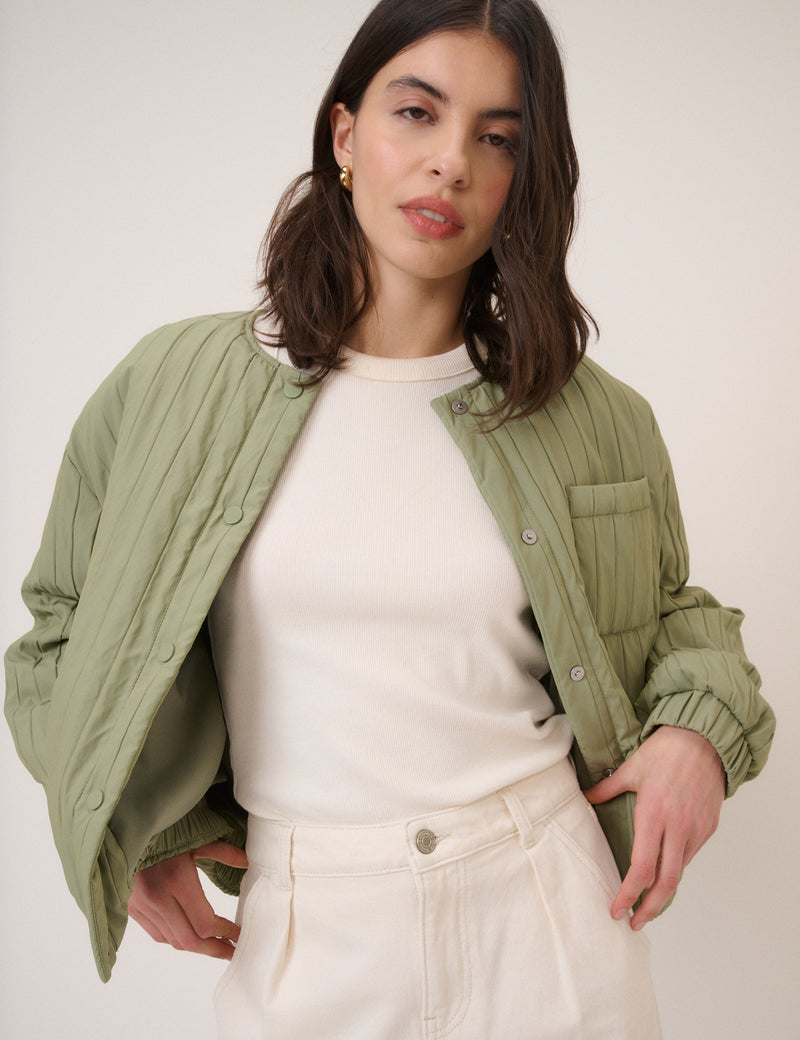 Green Quilted Bomber Jacket