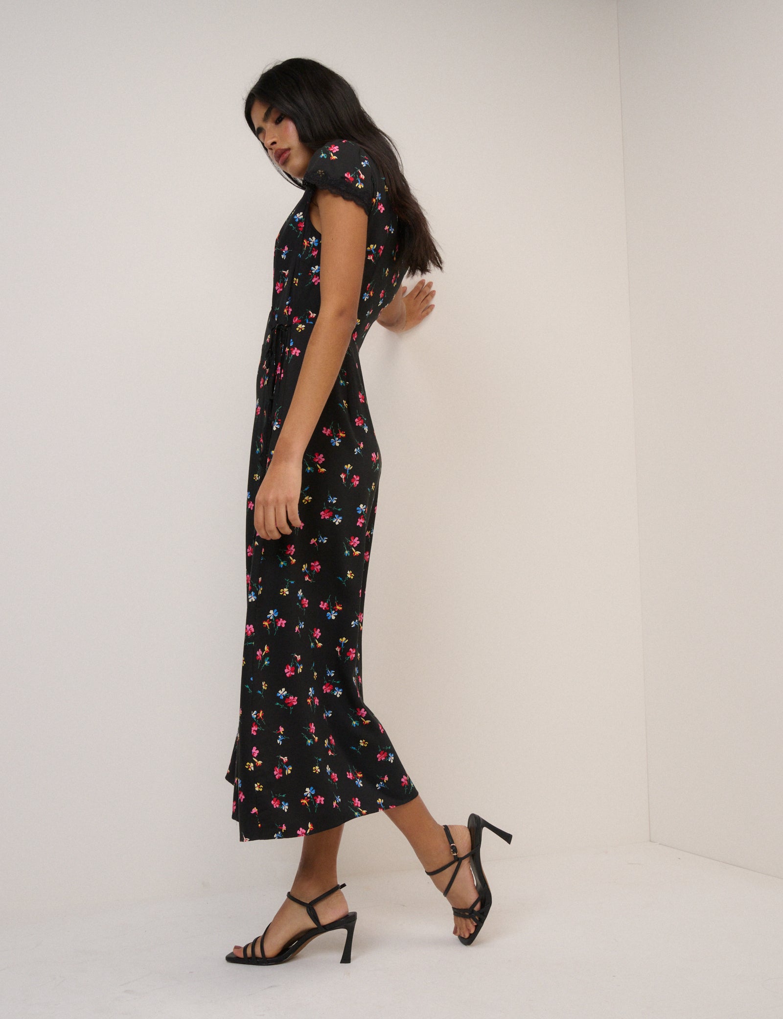 Black Floral Ginny Midi Wrap Dress