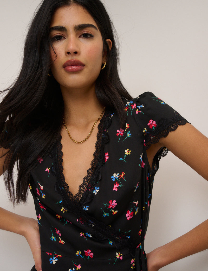 Black Floral Ginny Midi Wrap Dress