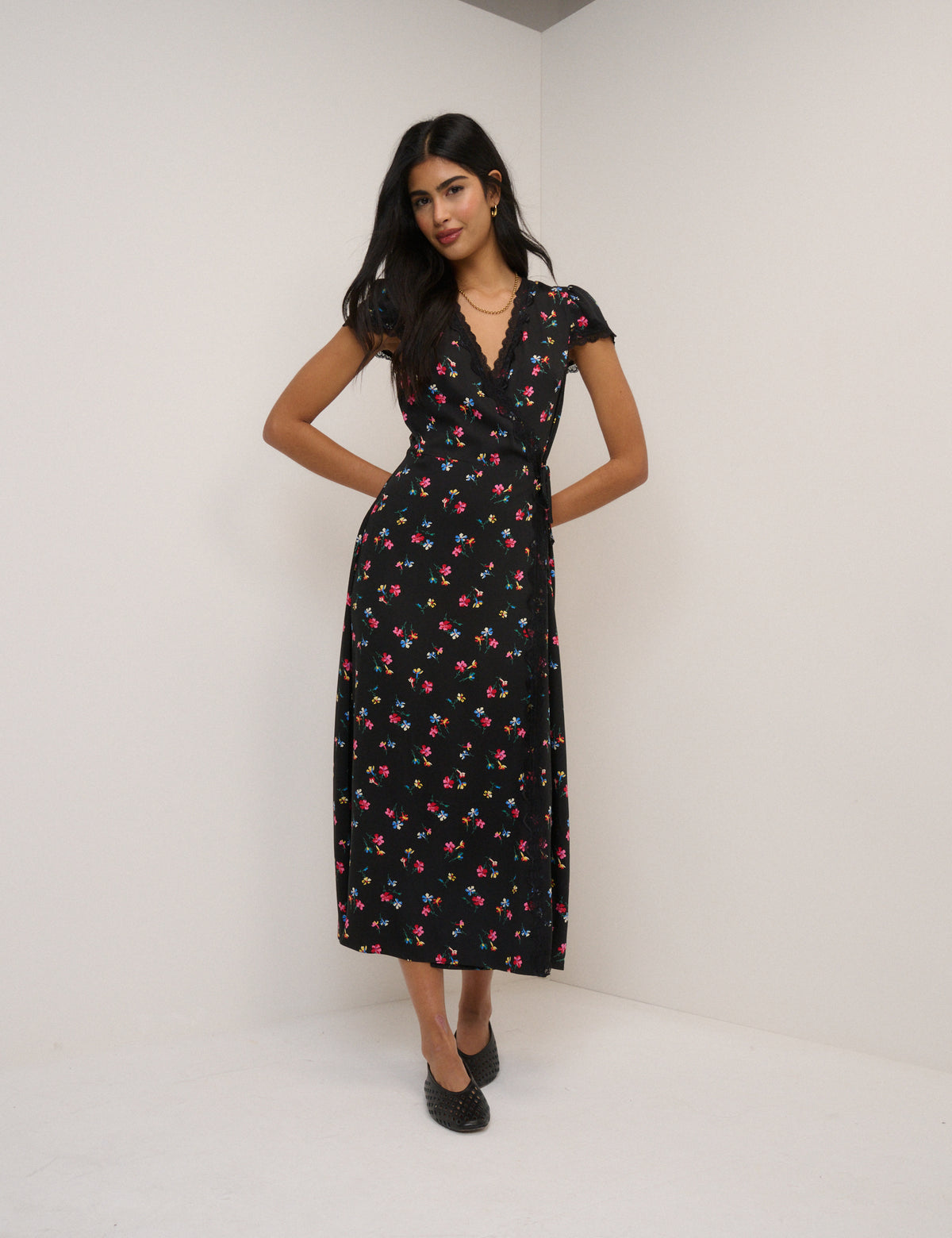 Black Floral Ginny Midi Wrap Dress