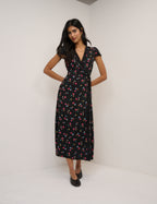 Black Floral Ginny Midi Wrap Dress