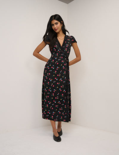Black Floral Ginny Midi Wrap Dress