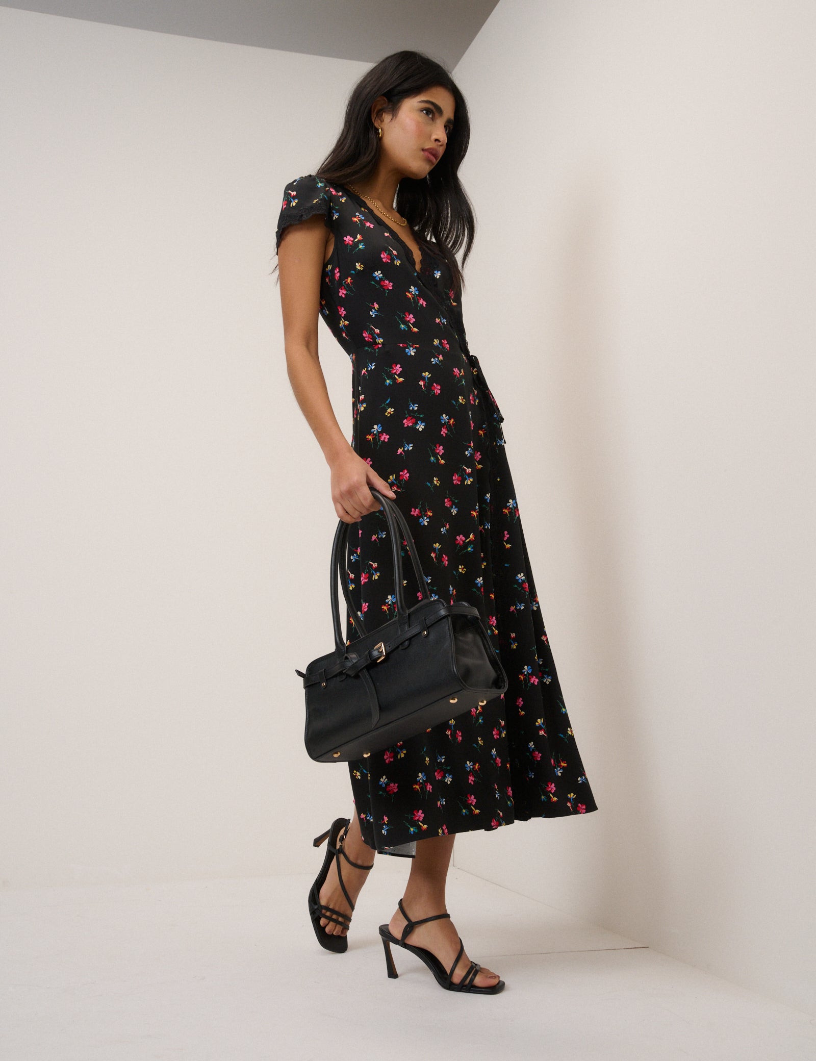 Black Floral Ginny Midi Wrap Dress