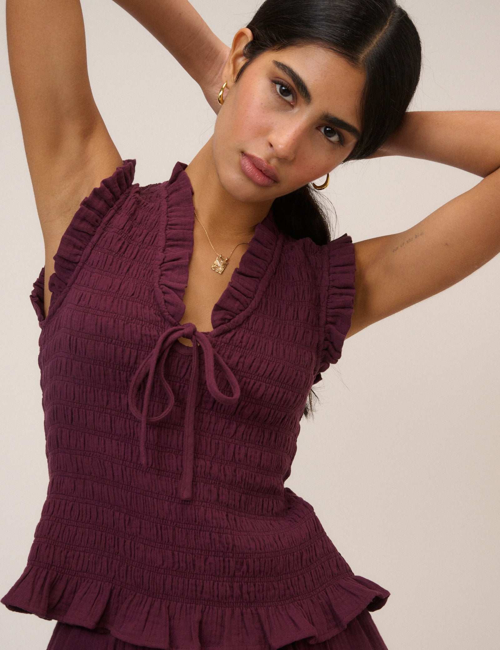 Purple Shirred V Neck Top