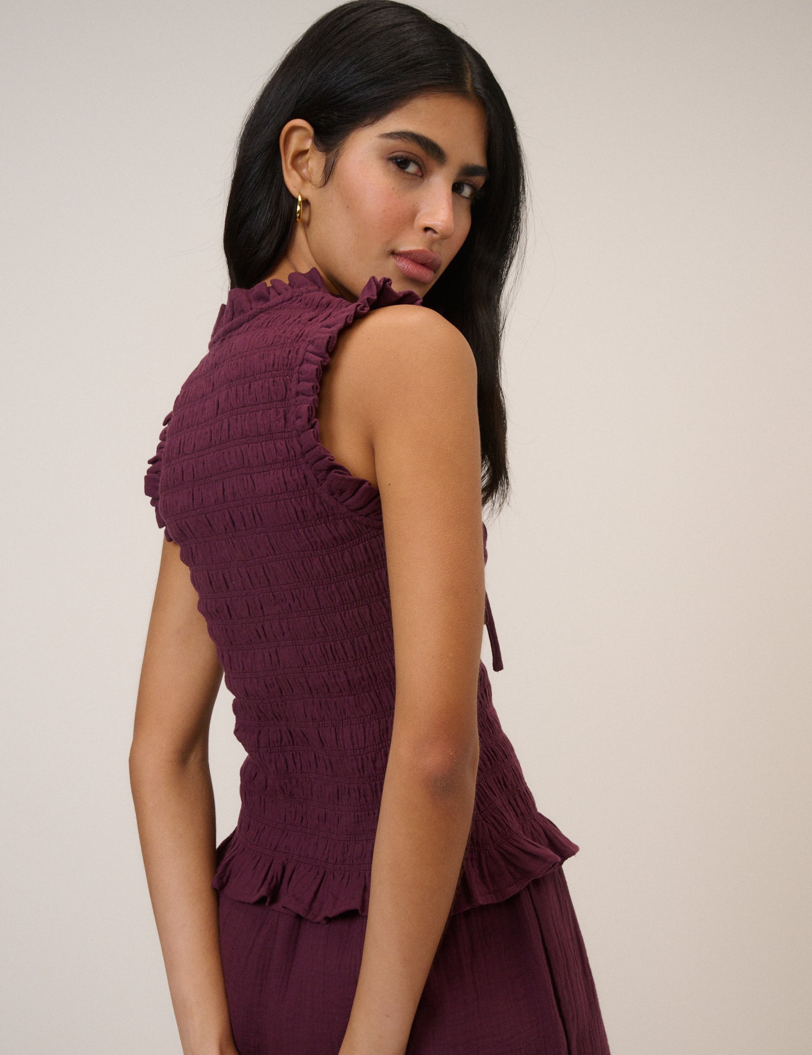 Purple Shirred V Neck Top