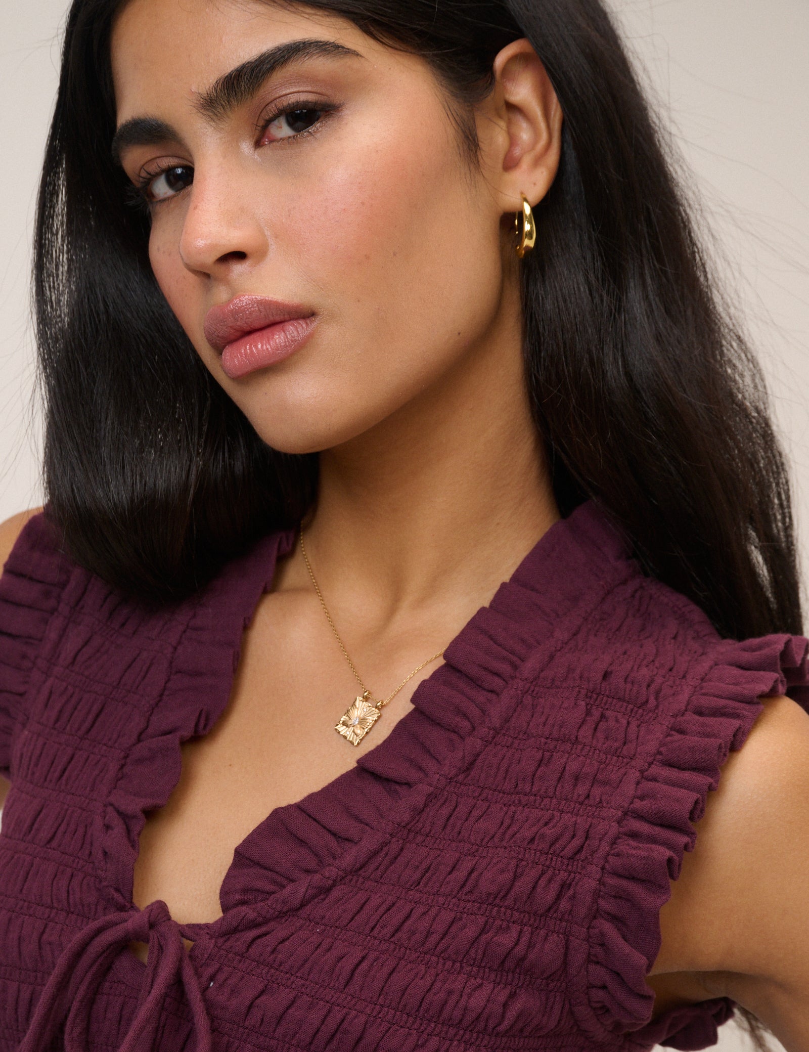 Purple Shirred V Neck Top