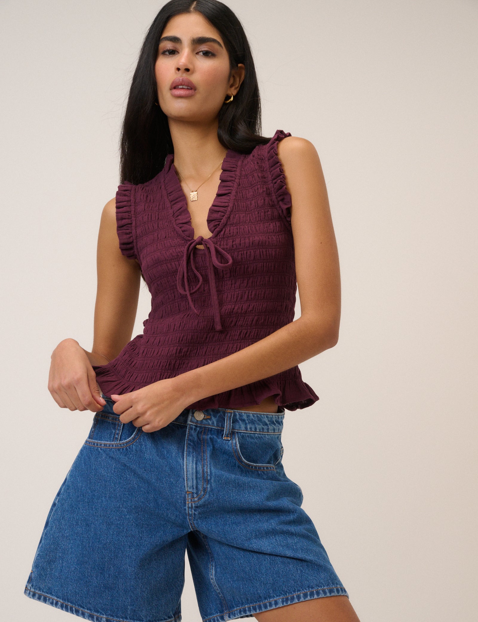 Purple Shirred V Neck Top