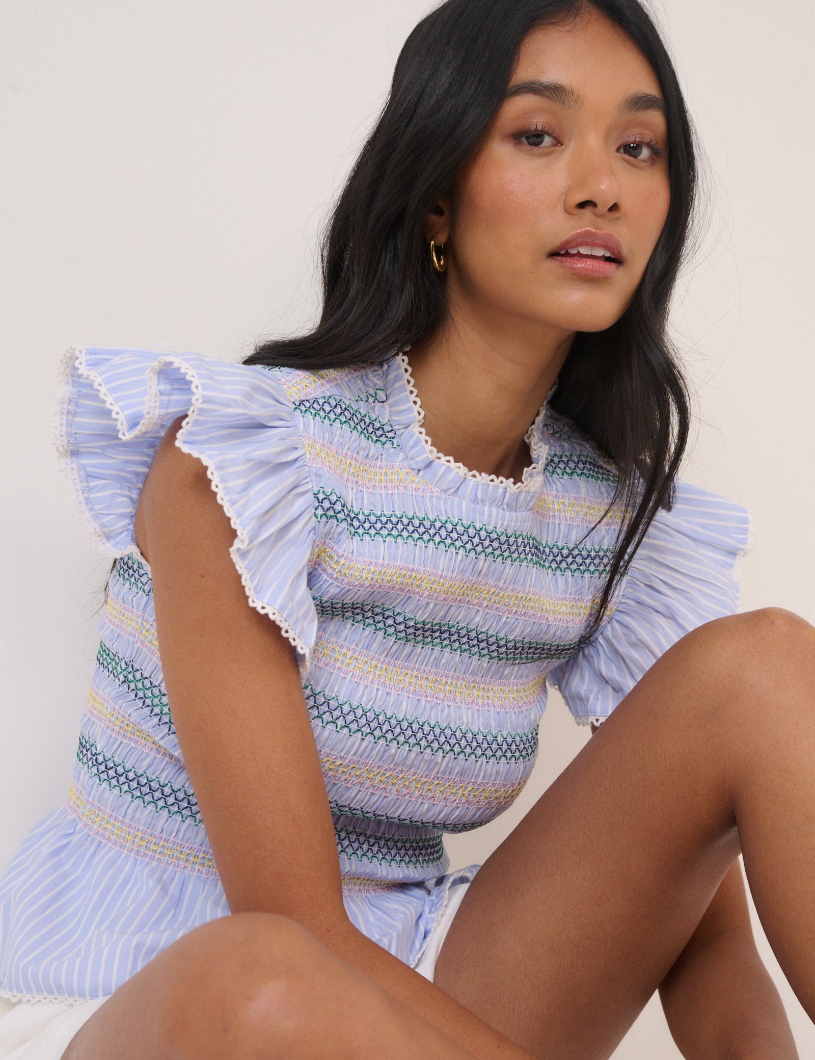 Blue Striped Shirred Top