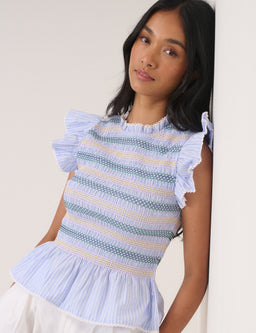 Blue Striped Shirred Top