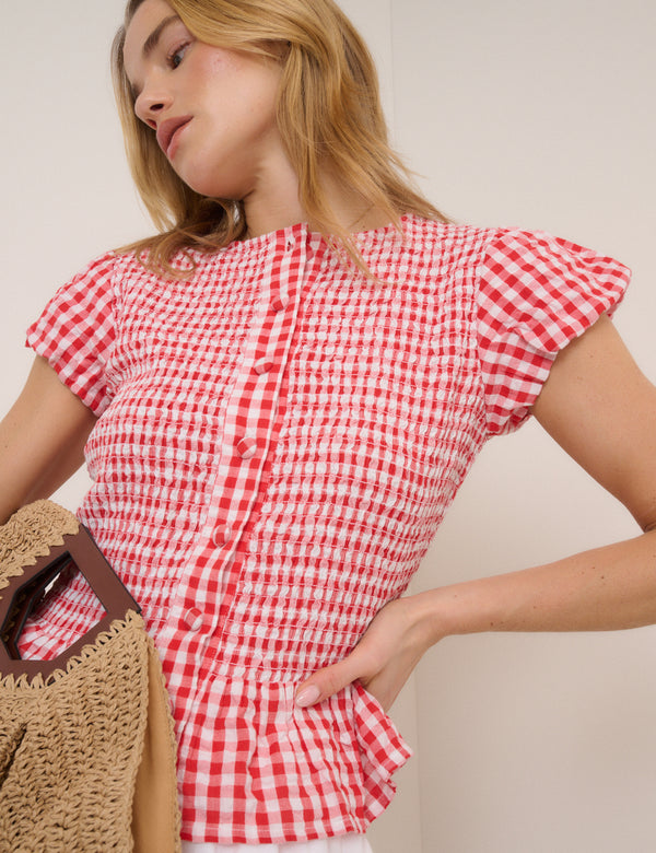 Red Gingham Puff Sleeve Blouse