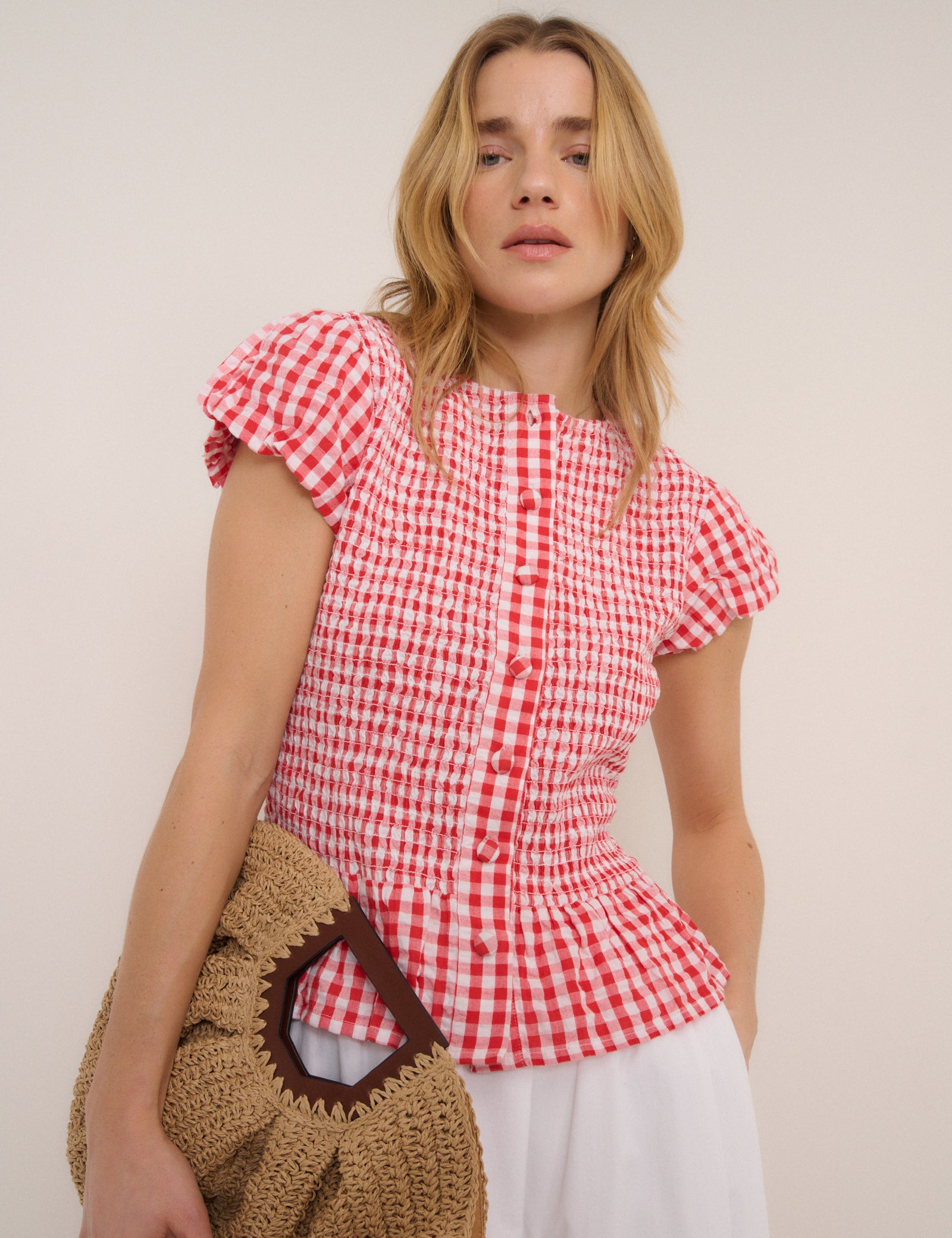 Red Gingham Puff Sleeve Blouse