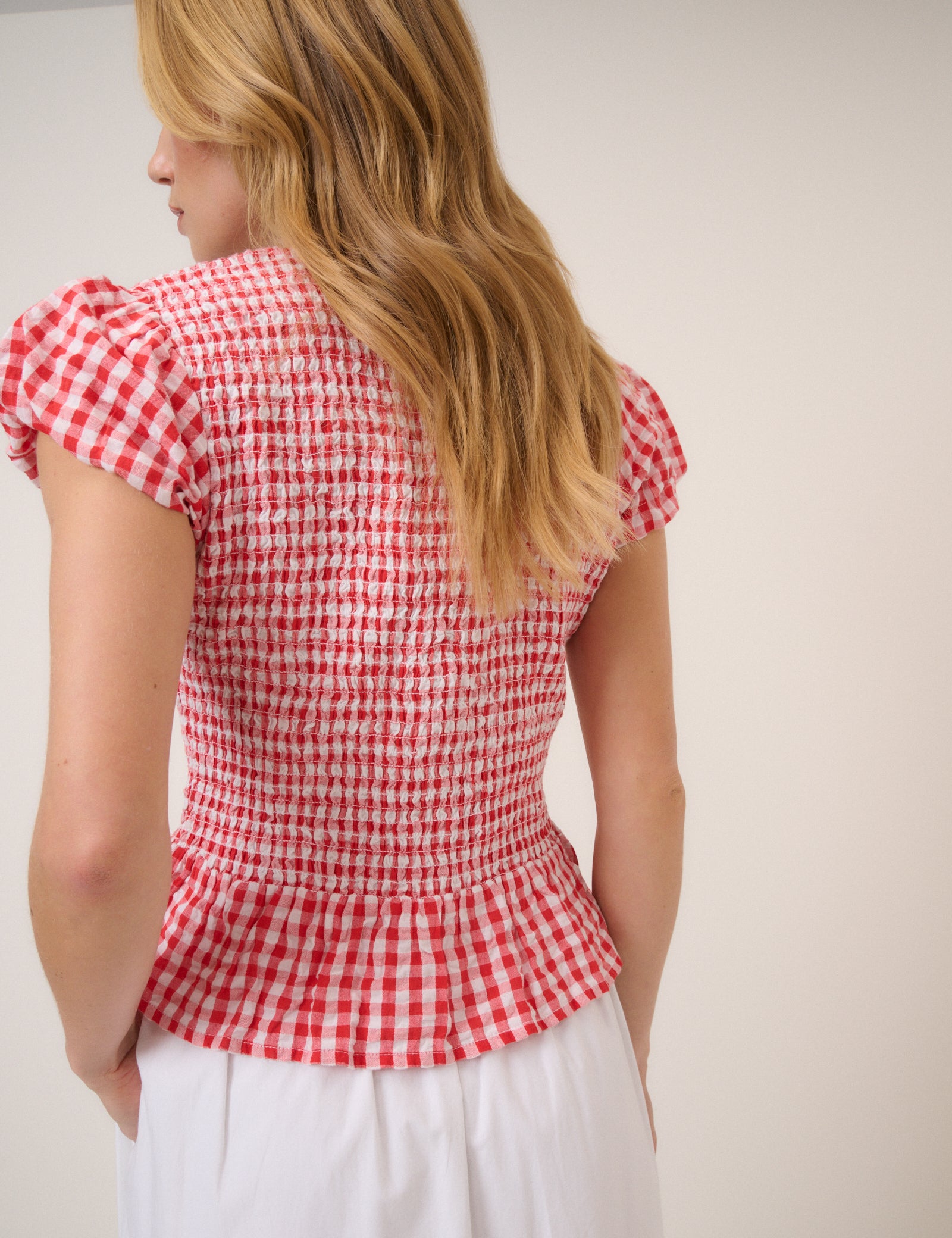 Red Gingham Puff Sleeve Blouse
