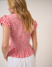 Red Gingham Puff Sleeve Blouse