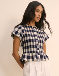 Navy Gingham Puff Sleeve Blouse
