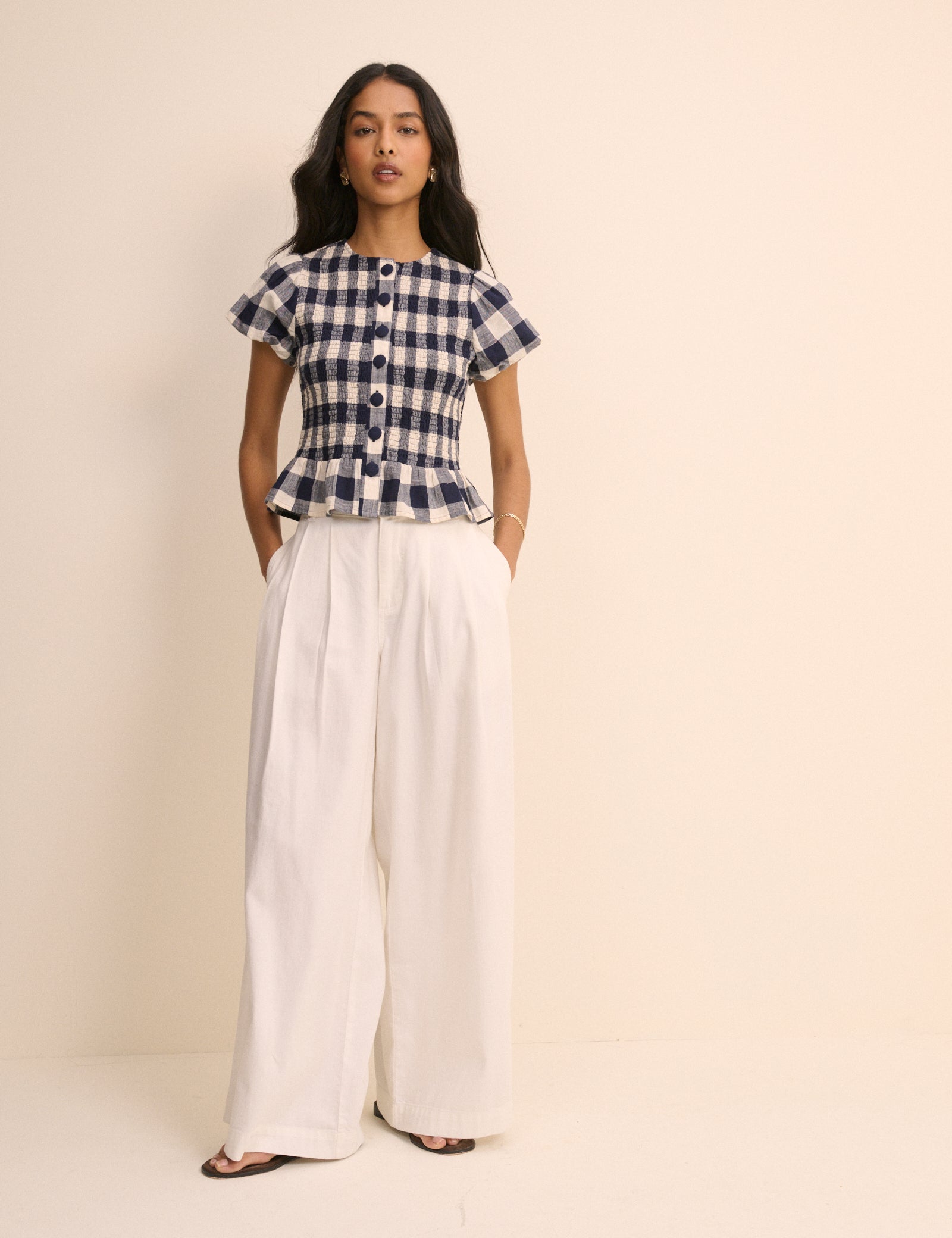 Navy Gingham Puff Sleeve Blouse