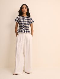 Navy Gingham Puff Sleeve Blouse