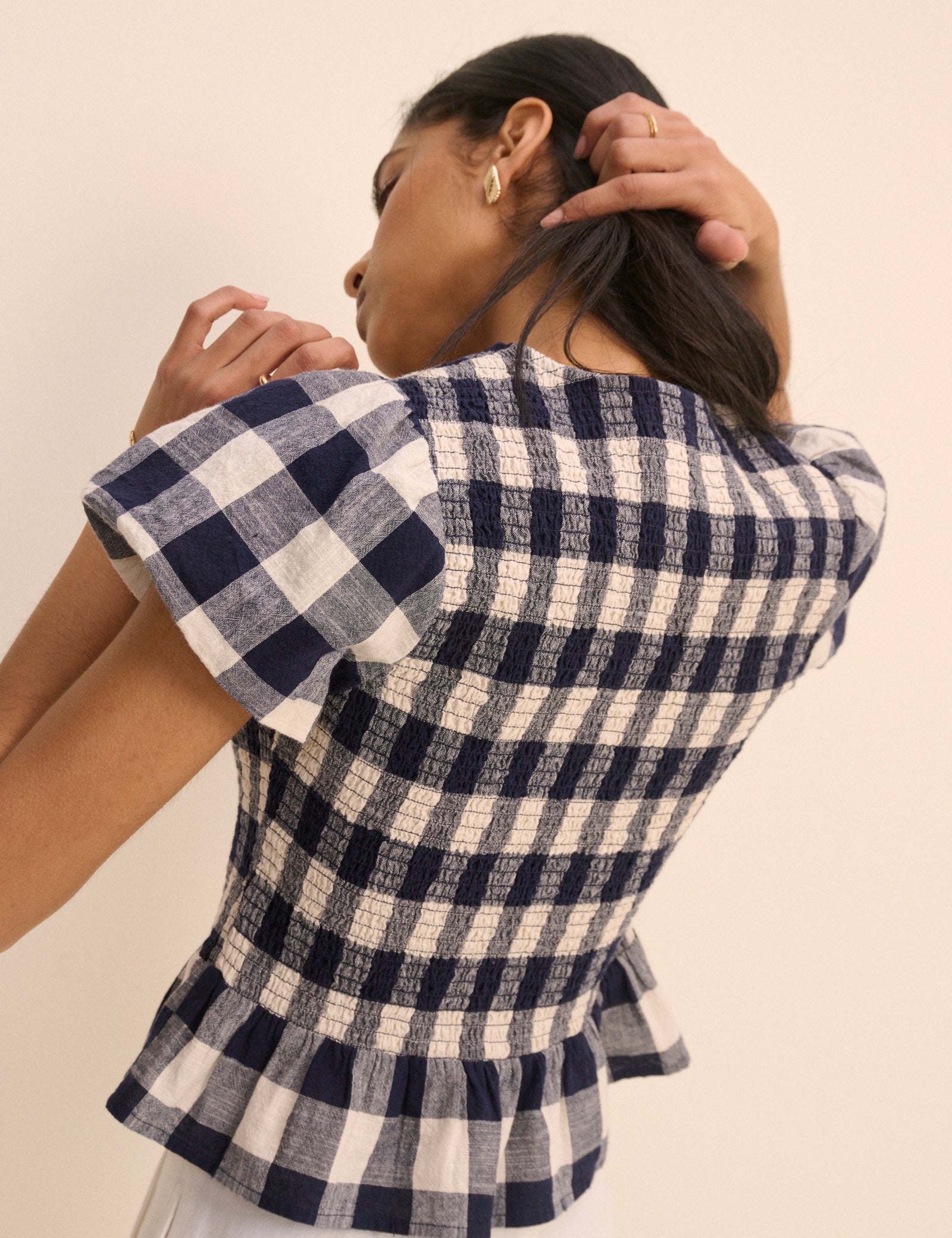 Navy Gingham Puff Sleeve Blouse
