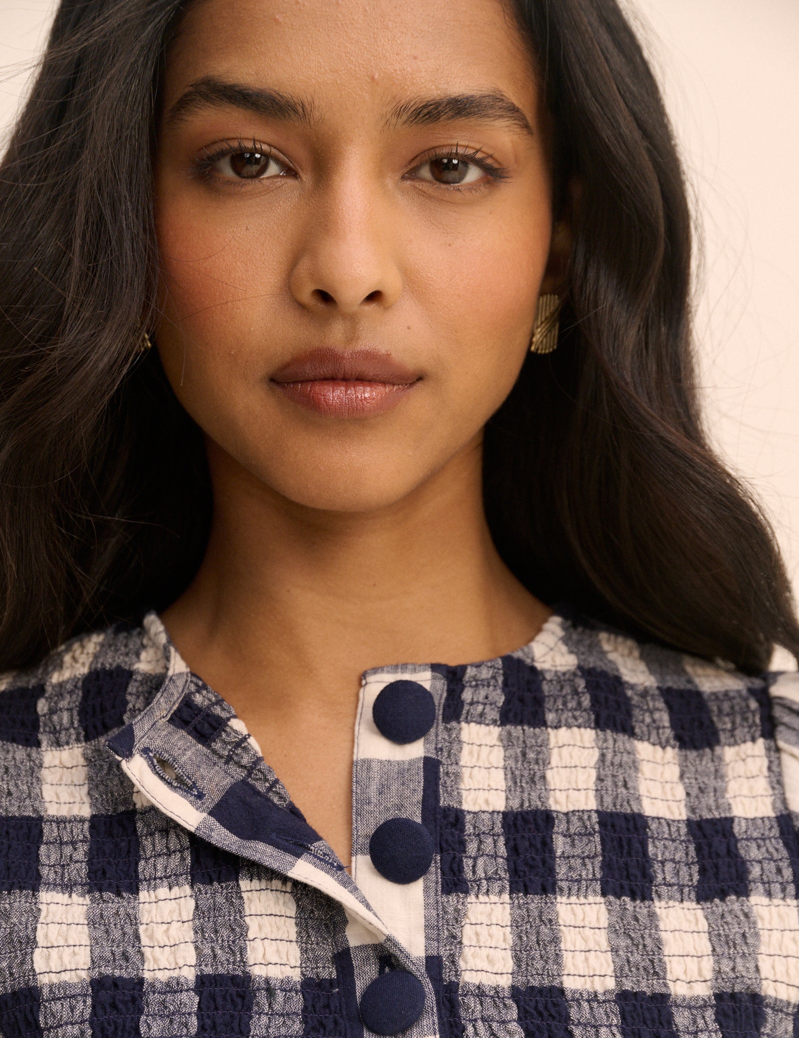 Navy Gingham Puff Sleeve Blouse