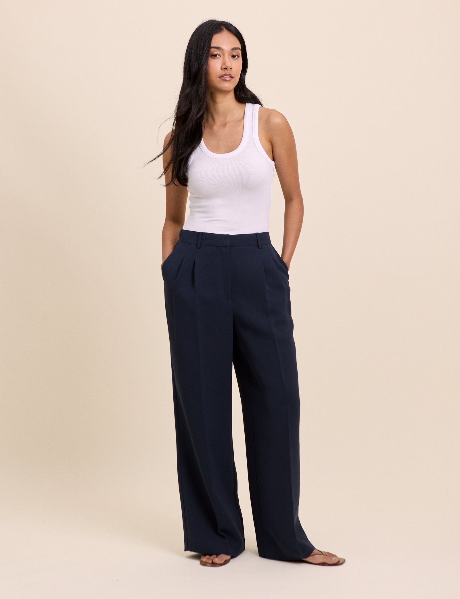 Navy Wide Leg Jax Crepe Trousers