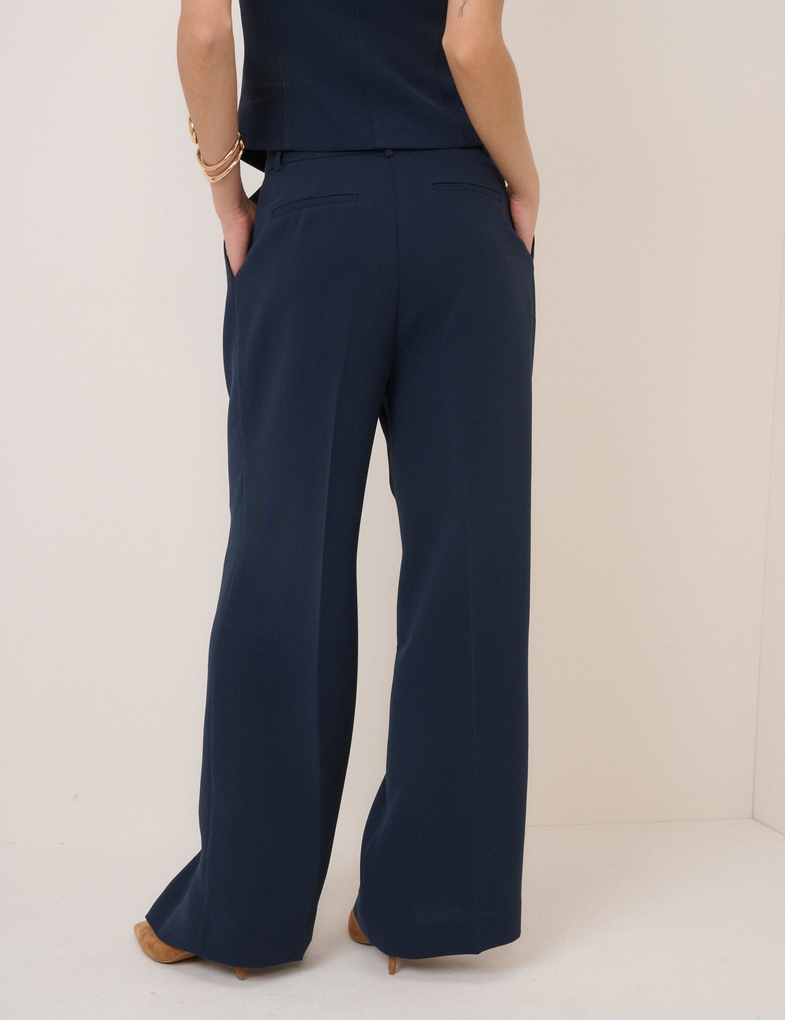 Navy Wide Leg Jax Crepe Trousers