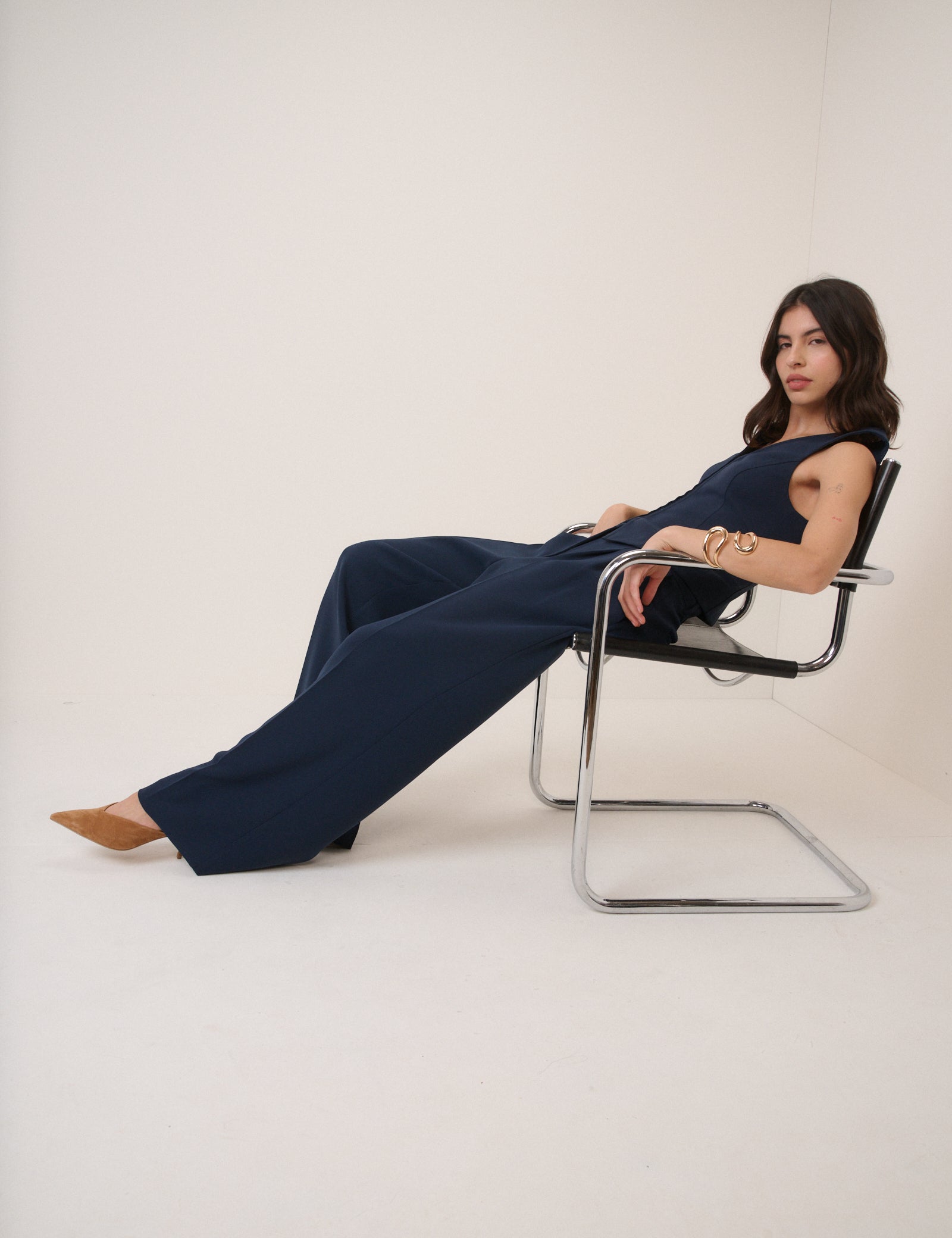 Navy Wide Leg Jax Crepe Trousers