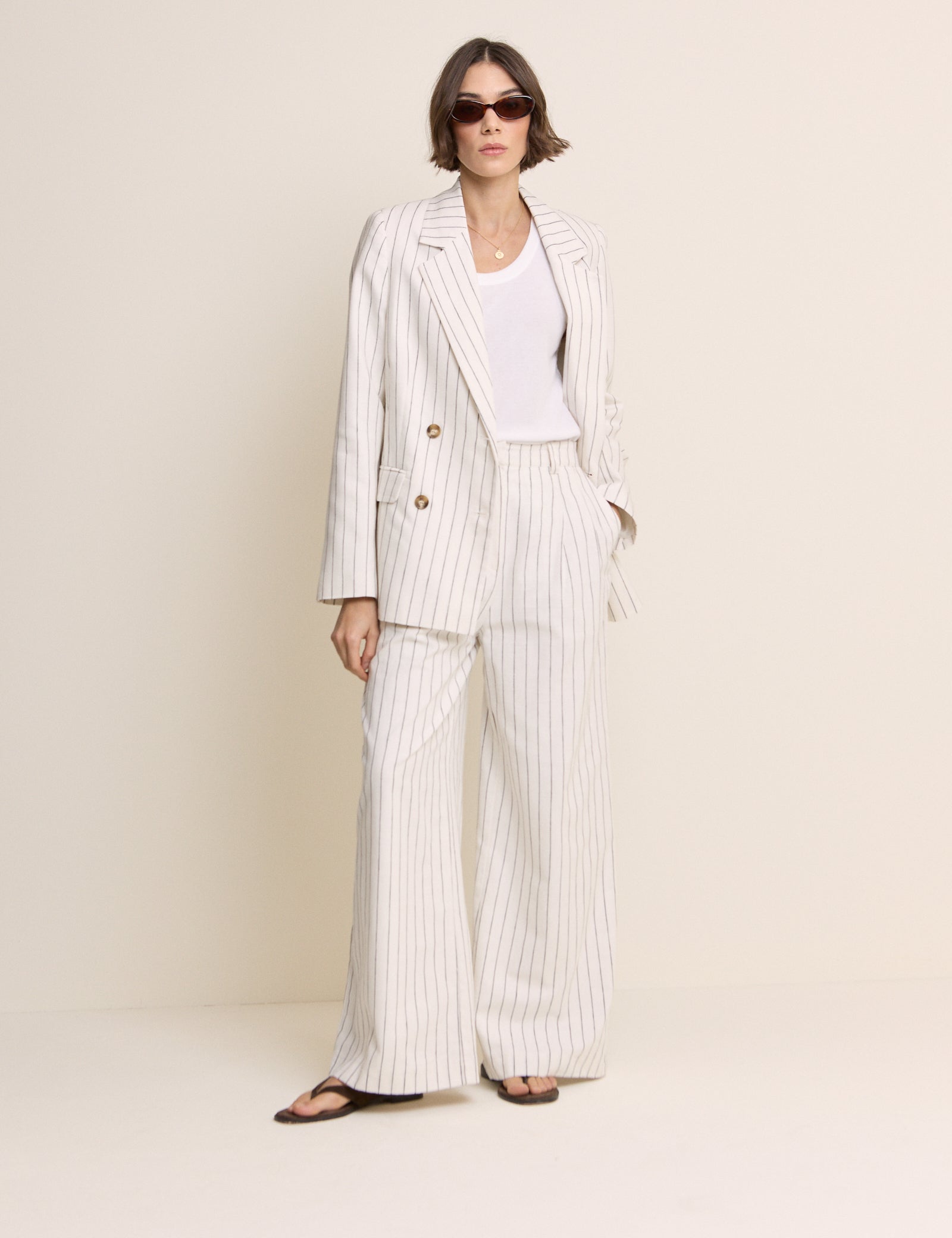 White Pinstripe Double Breasted Blazer