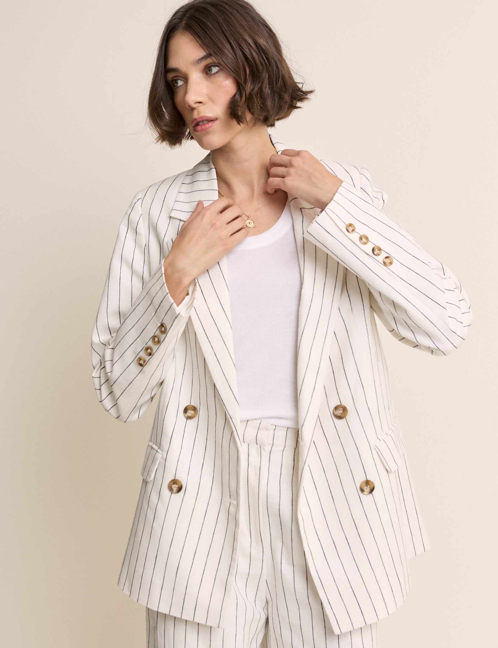 White Pinstripe Double Breasted Blazer
