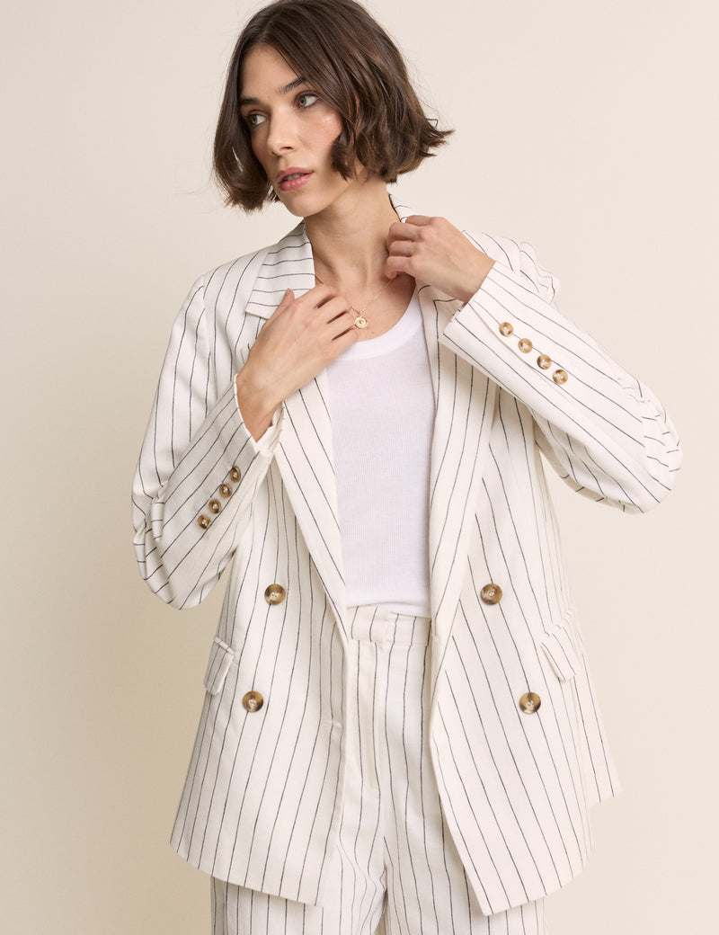 White Pinstripe Double Breasted Blazer