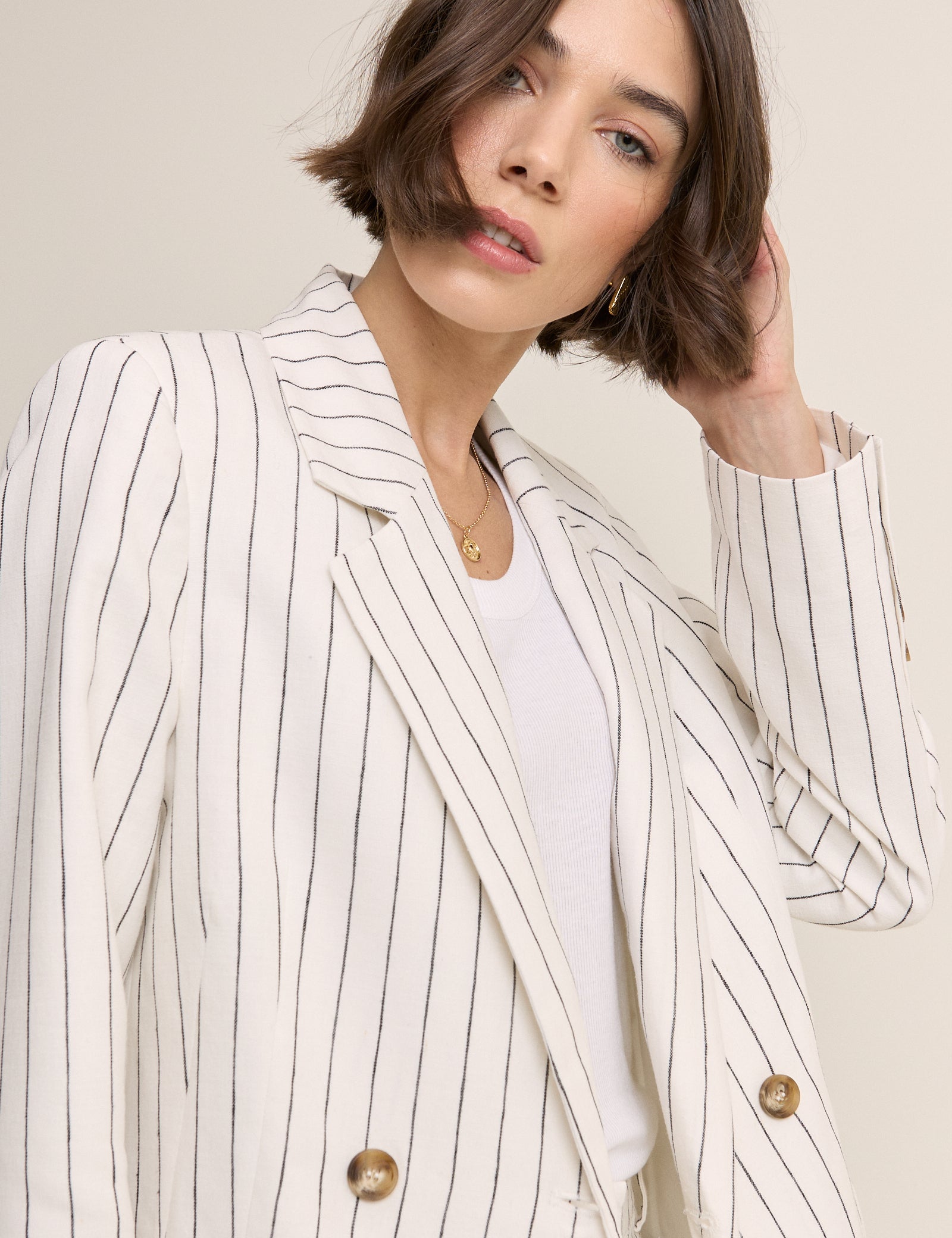 White Pinstripe Double Breasted Blazer