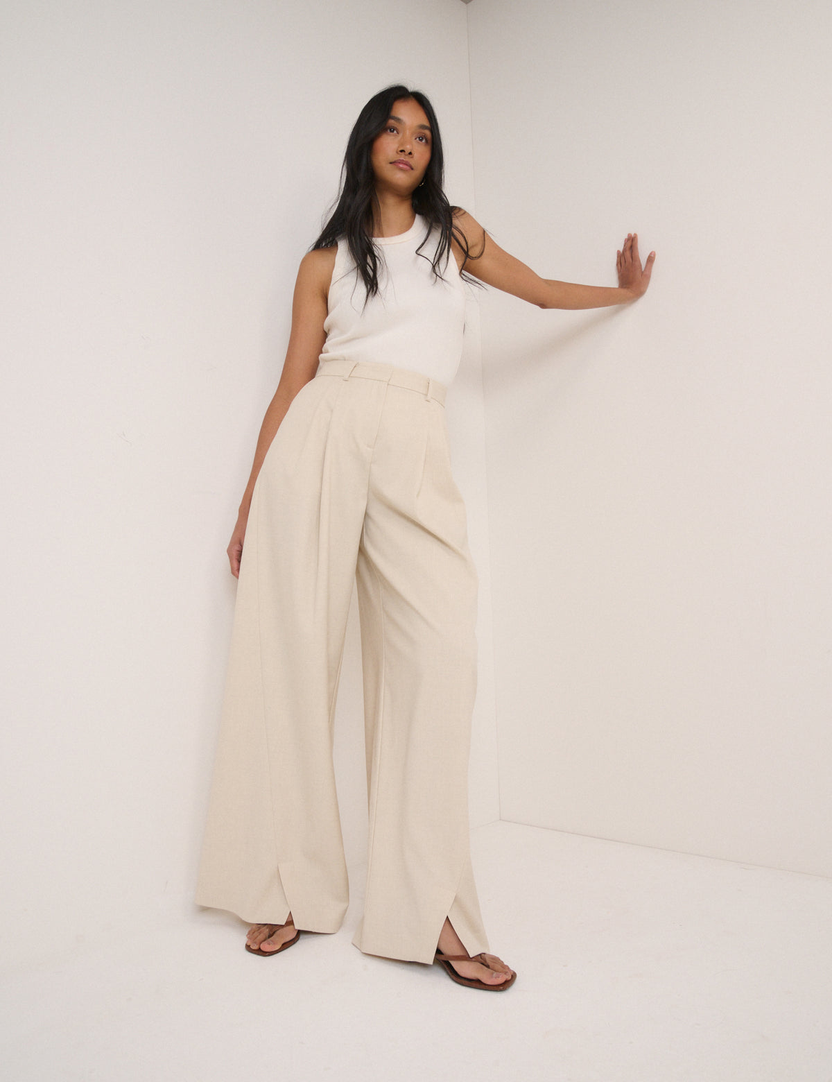 Stone Pleated Wide Leg Tailored Trousers