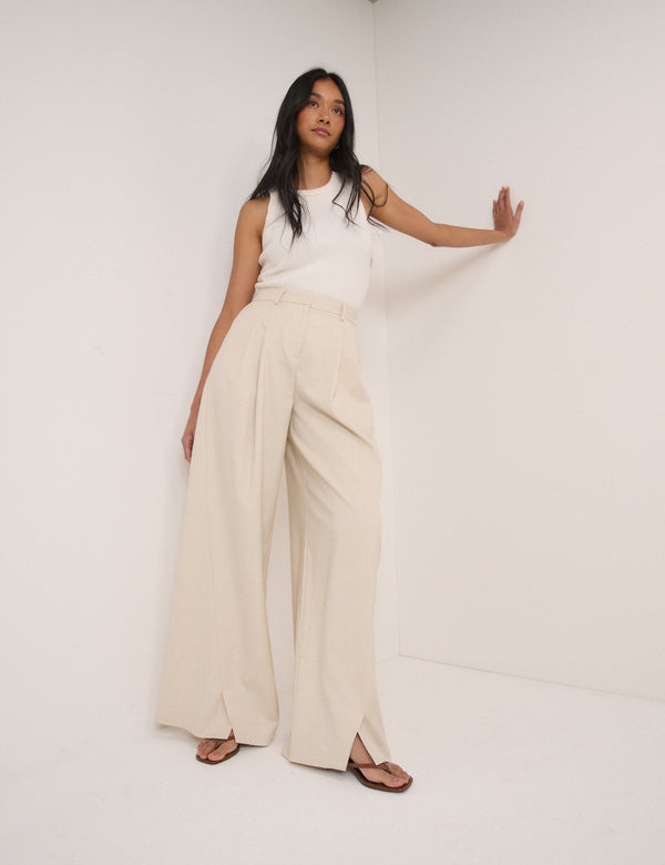 Stone Pleated Wide Leg Tailored Trousers