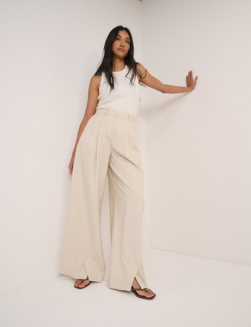 Stone Pleated Wide Leg Tailored Trousers