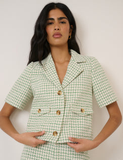 Green Check Short Sleeve Boucle Jacket