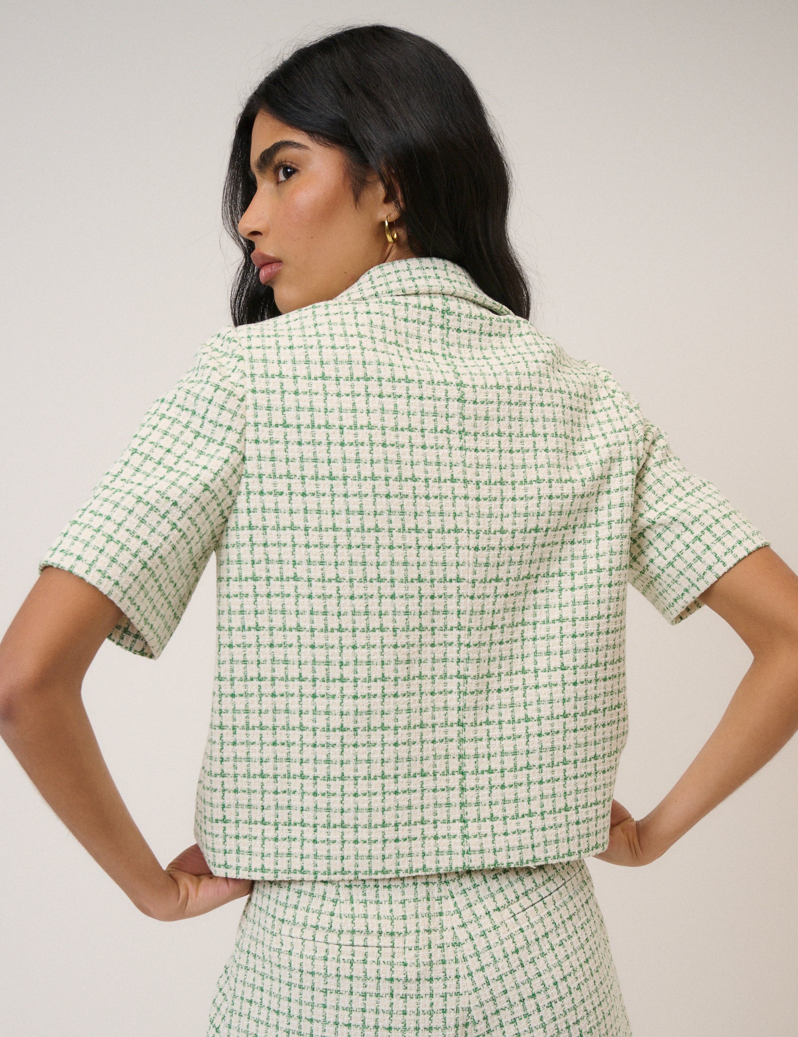 Green Check Short Sleeve Boucle Jacket
