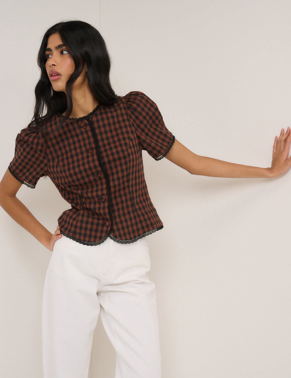 Brown Gingham Puff Sleeve Tailored Top