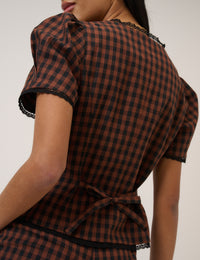 Brown Gingham Puff Sleeve Tailored Top