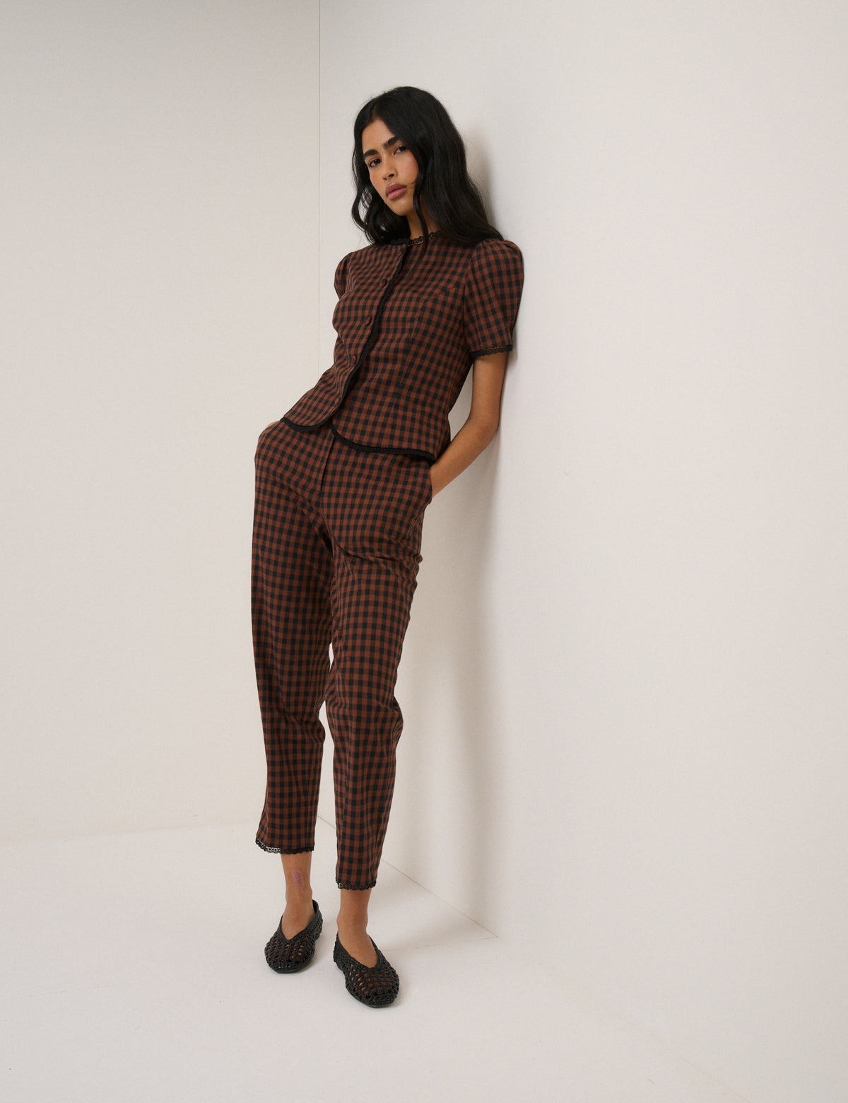 Brown Gingham Puff Sleeve Tailored Top