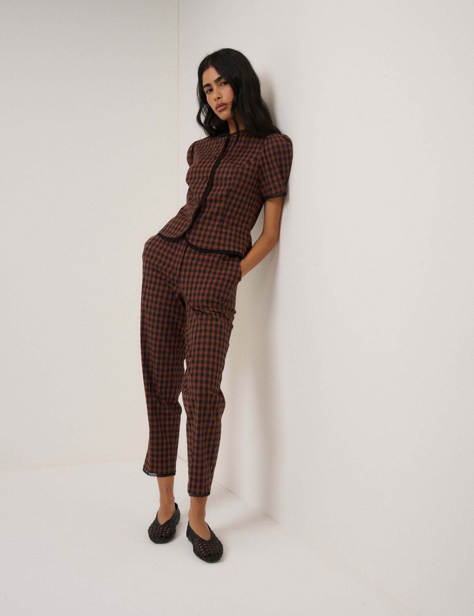Brown Gingham Puff Sleeve Top