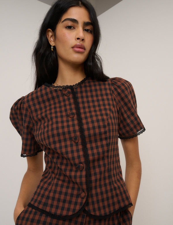 Brown Gingham Puff Sleeve Tailored Top