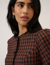 Brown Gingham Puff Sleeve Tailored Top