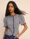 Navy Gingham Puff Sleeve Top
