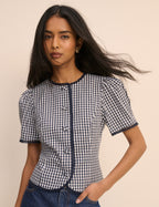 Navy Gingham Puff Sleeve Top