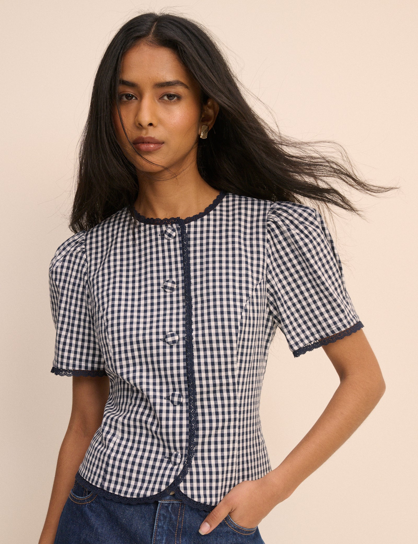Navy Gingham Puff Sleeve Top