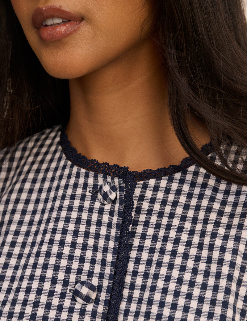 Navy Gingham Puff Sleeve Top