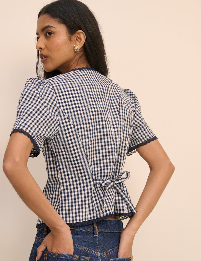 Navy Gingham Puff Sleeve Top