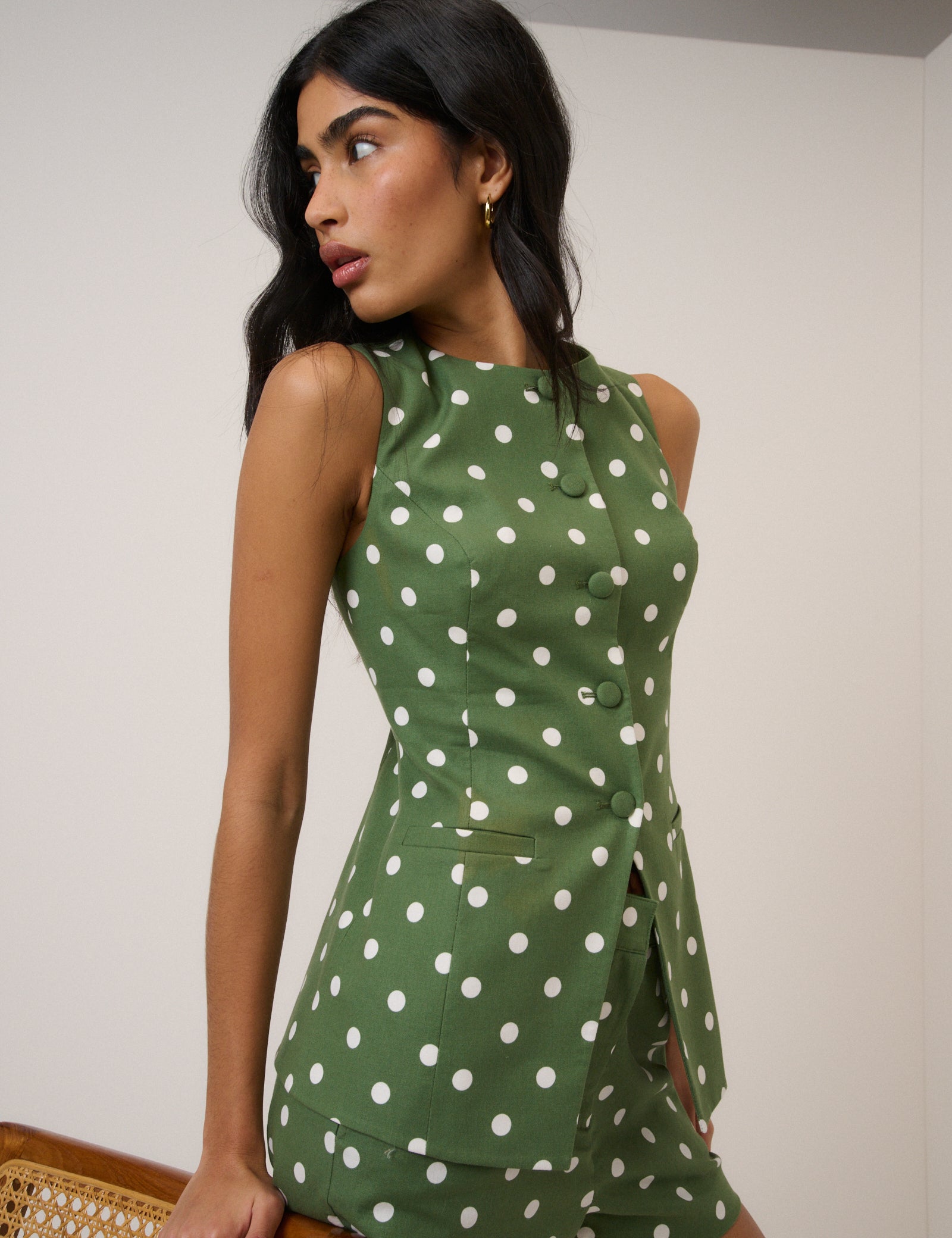 Green Polka Dot Longline Tailored Waistcoat