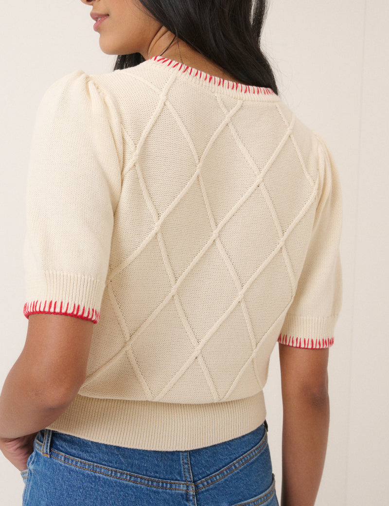 Cream Strawberry Embroidered Knitted T-Shirt