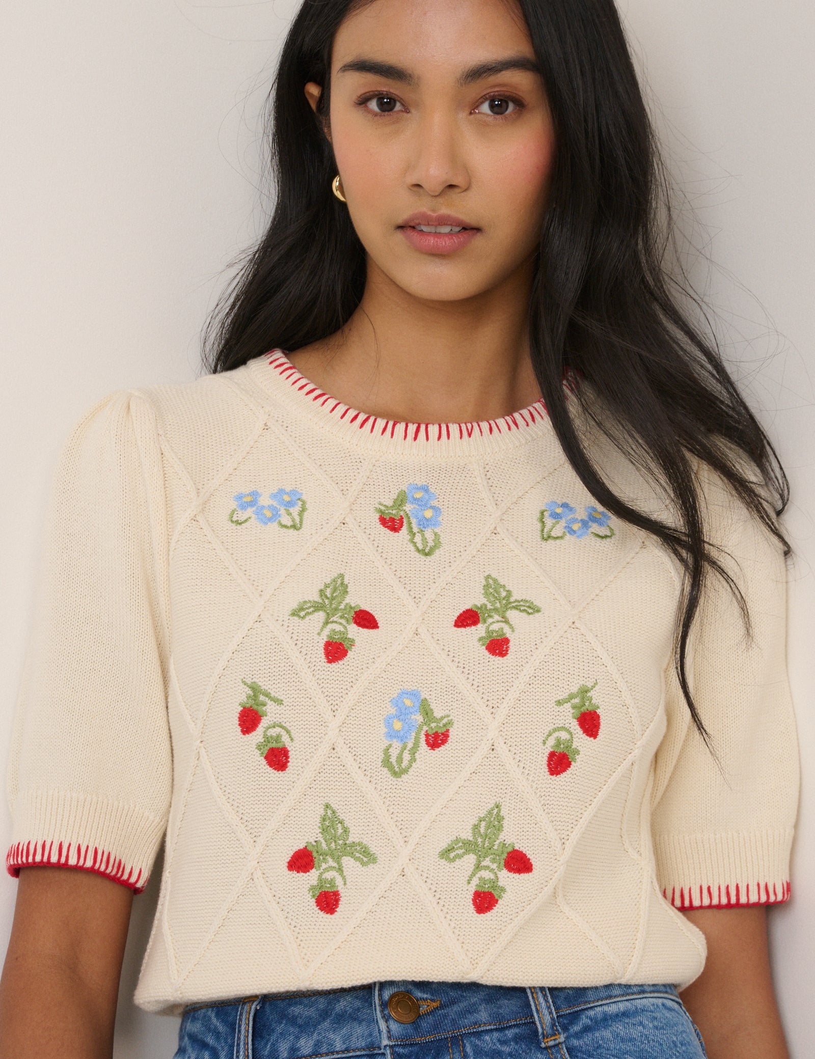 Cream Strawberry Embroidered  Knitted T-Shirt