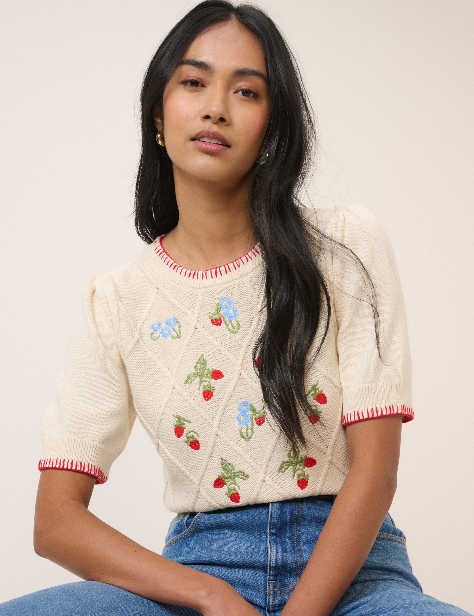 Cream Strawberry Embroidered  Knitted T-Shirt